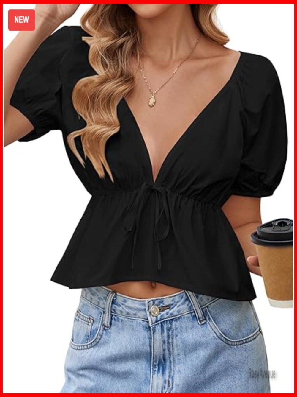 Deep V Neck Peplum Top Ruffle Hem Puff Short Sleeve Crop Blouse